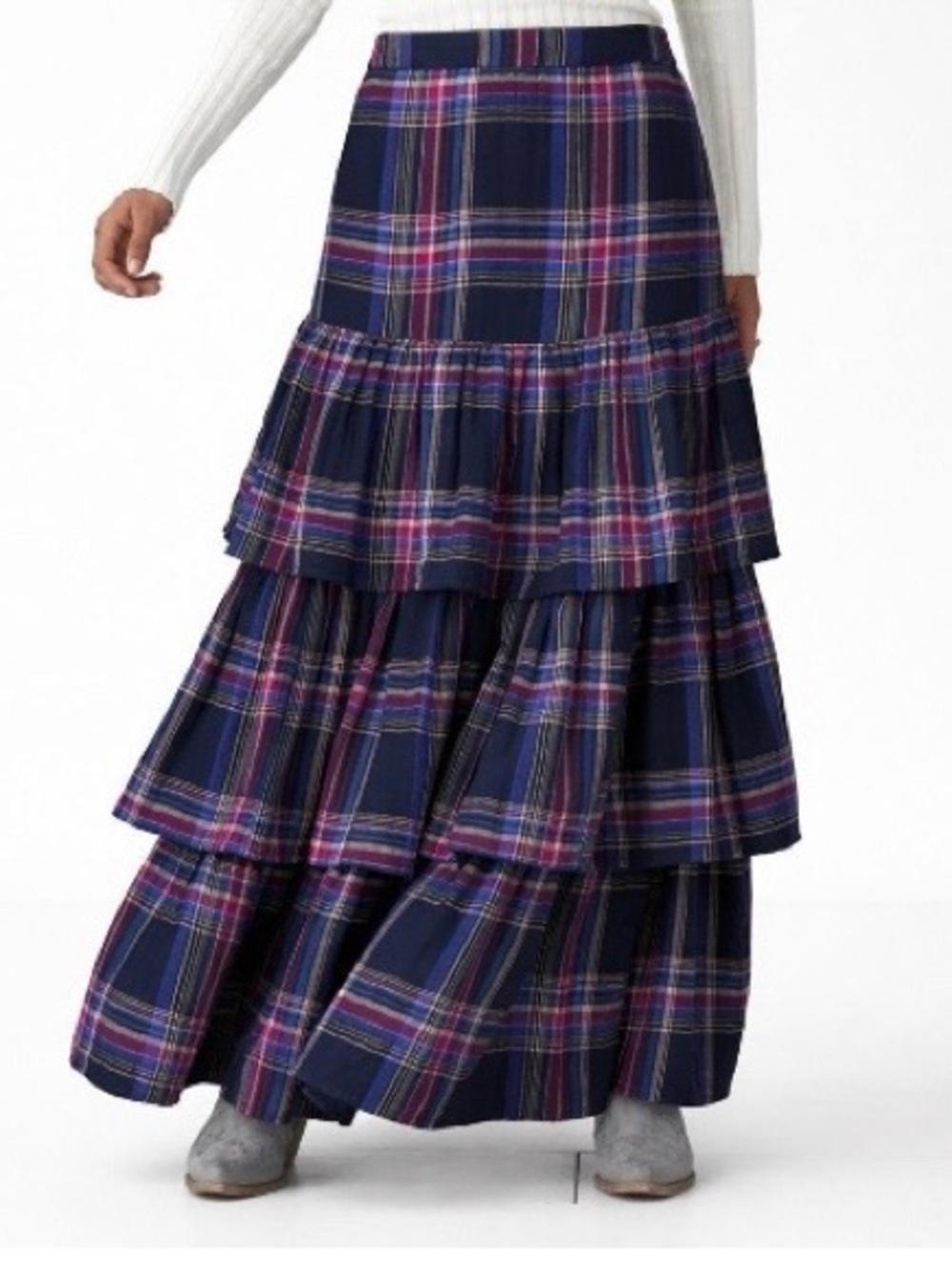 Sundance Tiered Plaid Maxi Skirt XS Pink Blue Full Thick Praire Western